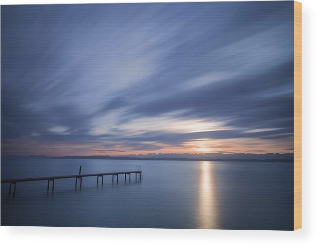 Lake Wood Print featuring the photograph Sunrise and a Pier by Dominique Dubied