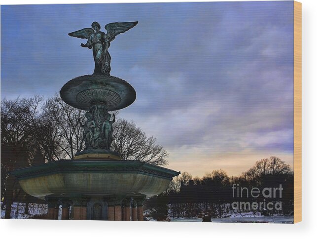 Angel Of The Waters Fountain Wood Print featuring the photograph Sunrise at Bethesda - Angel of the Waters by Lee Dos Santos