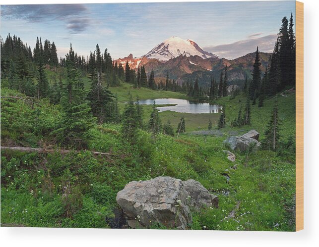 Abies Lasiocarpa Wood Print featuring the photograph Sunrise at Mount Rainier and Upper Tipsoo Lake by Michael Russell