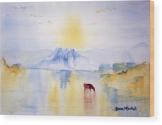 Glenn Marshall Artist Wood Print featuring the painting Sunrise at Norham Castle by Glenn Marshall