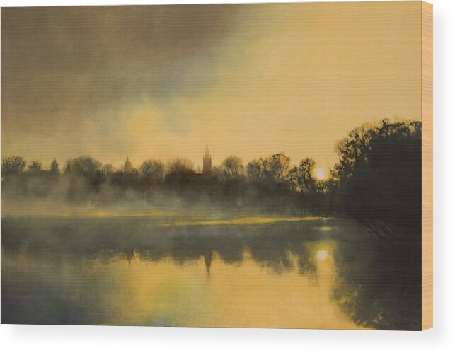 University Of Notre Dame Wood Print featuring the painting Sunrise at Notre Dame SOLD by Cap Pannell