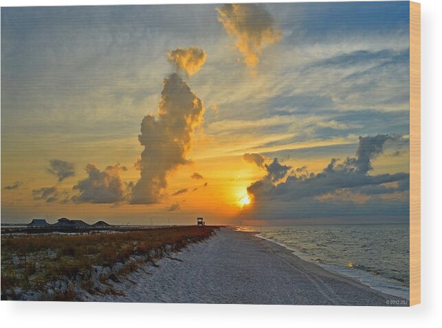 Sunrise Wood Print featuring the photograph Sunrise Colors over Navarre Beach with Stormclouds by Jeff at JSJ Photography