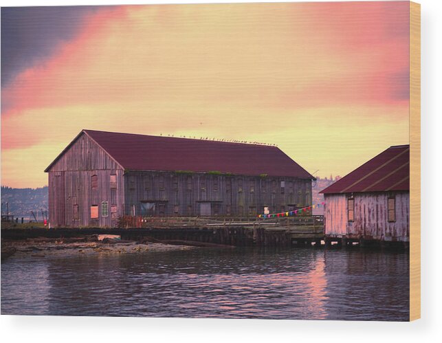 Bellingham Wood Print featuring the photograph Sunrise over Abandoned Fish Plant by Judy Wright Lott