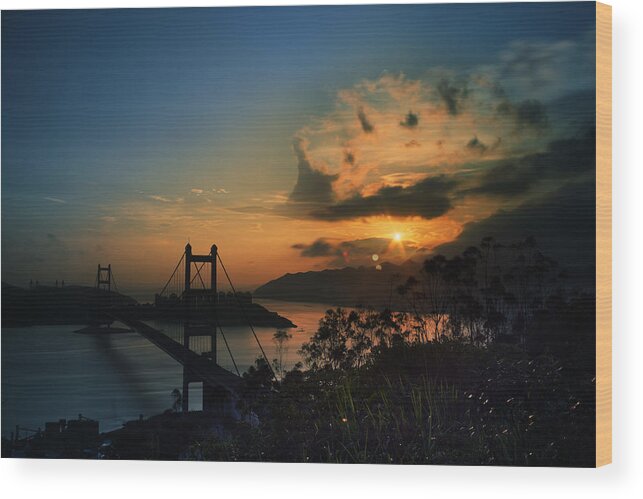 Kowloon Wood Print featuring the photograph Sunset at Tsing Ma Bridge by Afrison Ma