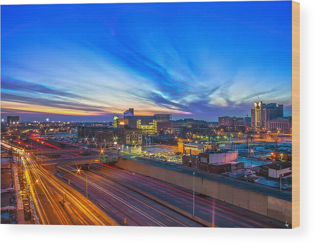 Sun Wood Print featuring the photograph Sunset in Detroit by Nicholas Grunas