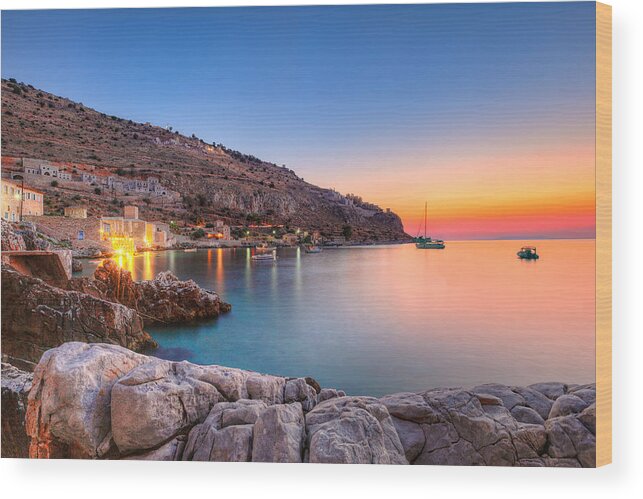Architecture Wood Print featuring the photograph Sunset in Limeni - Greece by Constantinos Iliopoulos