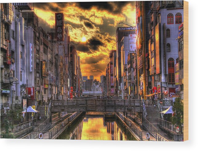 Hdr Wood Print featuring the photograph Sunset in Osaka by SEOS Photography