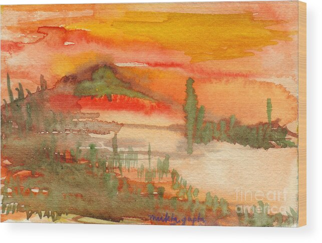 Sunset Wood Print featuring the painting Sunset in Saguaro Desert by Mukta Gupta