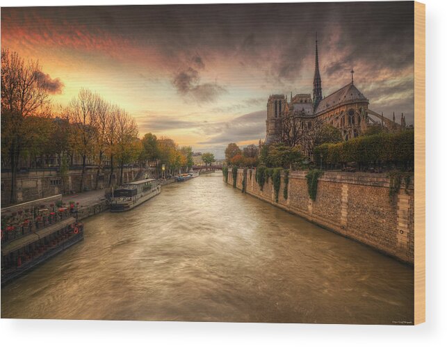 Notre Dame Cathedral Wood Print featuring the photograph Sunset on Notre Dame by Ryan Wyckoff