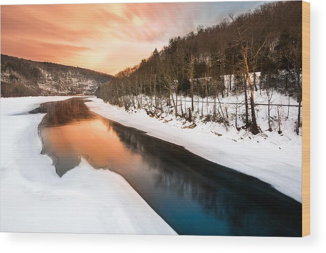 Pond Eddy Wood Print featuring the photograph Sunset over a frozen Delaware river by Mihai Andritoiu