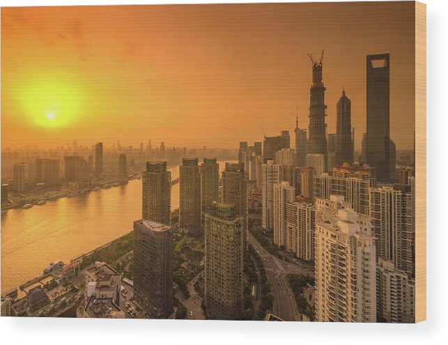Corporate Business Wood Print featuring the photograph Sunset, Pudong, China by Rwp Uk