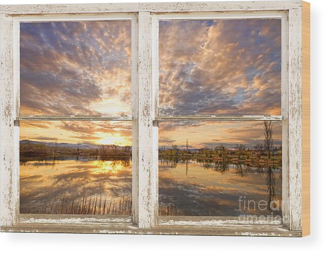 Window Wood Print featuring the photograph Sunset Reflections Golden Ponds 2 White Farm House Rustic Window by James BO Insogna