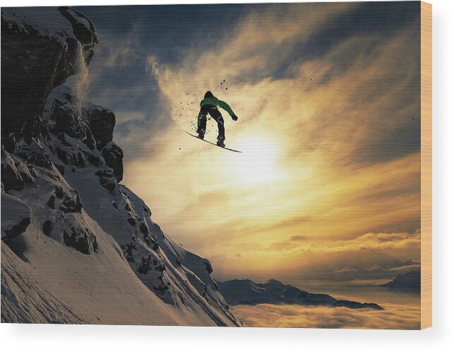 Snowboard Wood Print featuring the photograph Sunset Snowboarding by Jakob Sanne