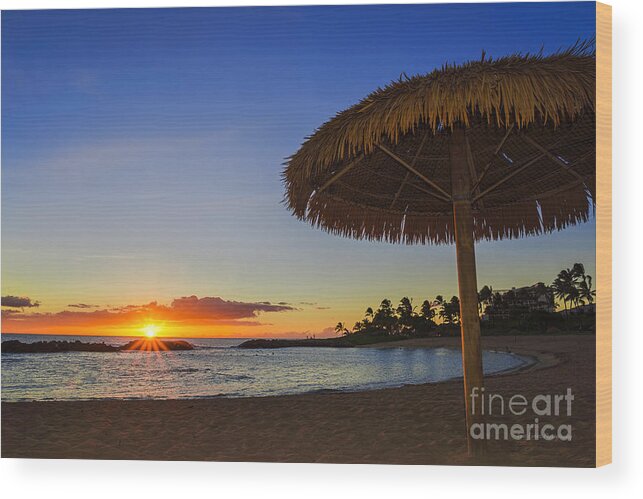 Hawaii Sunset Wood Print featuring the photograph Sunset Under a Bamboo Umbrella in Hawaii by Aloha Art