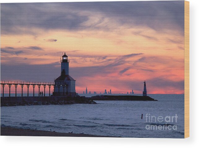 Sunset Wood Print featuring the photograph Sunset Walk at Michigan City by Brett Maniscalco