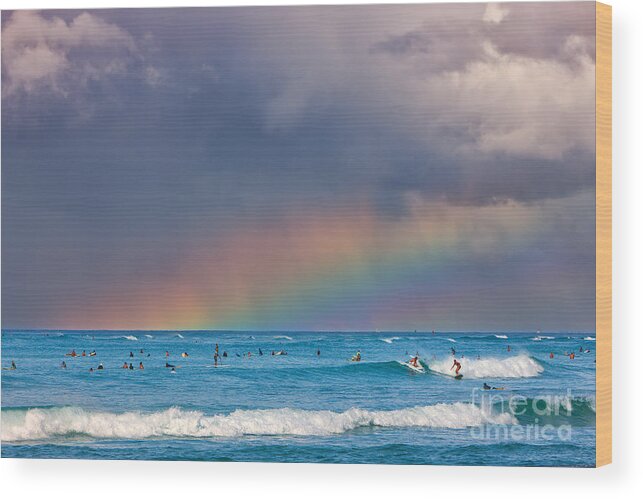 Usa Wood Print featuring the photograph Surfers under the Rainbow by Henk Meijer Photography