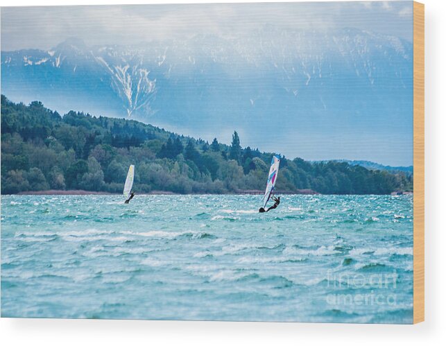 Ammersee Wood Print featuring the photograph surfing in front of the Alps by Hannes Cmarits