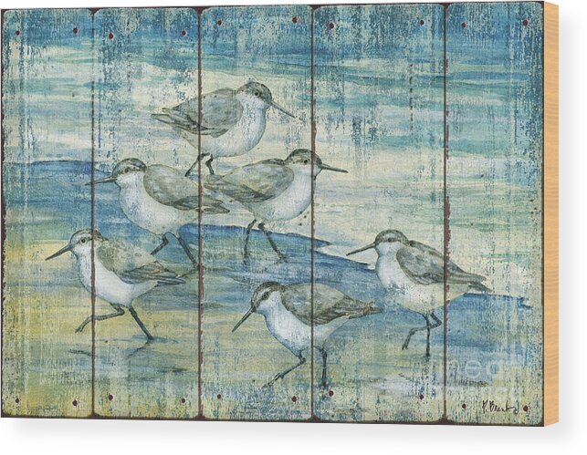 Surfside Wood Print featuring the painting Surfside Sandpipers - Distressed by Paul Brent