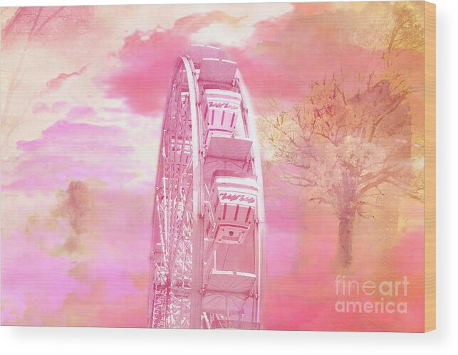 Ferris Wheel Photos Wood Print featuring the photograph Surreal Fantasy Carnival Festival Fair Pink Yellow Ferris Wheel by Kathy Fornal