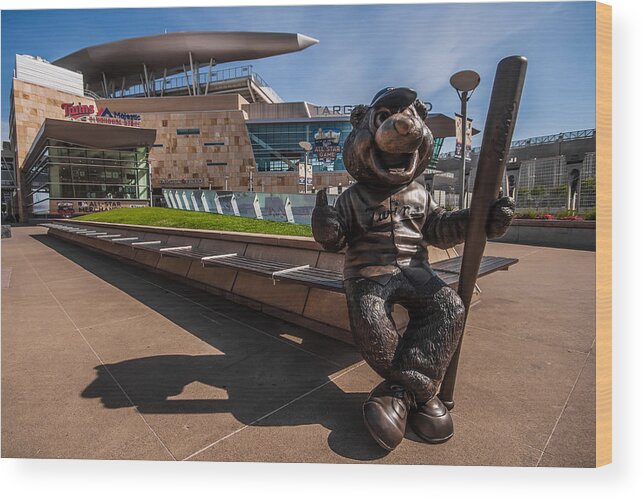 Baseball Wood Print featuring the photograph T.C. Statue and Target Field by Tom Gort