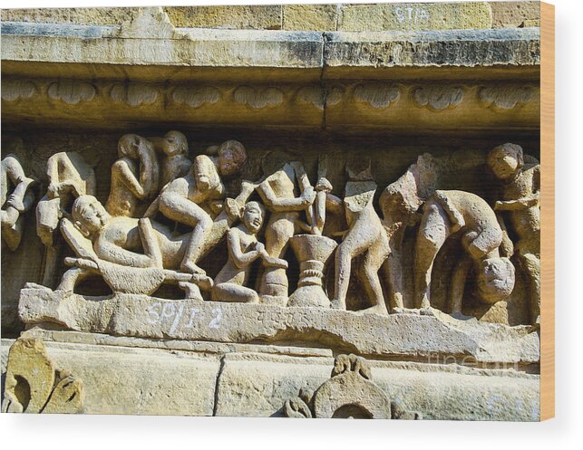India Khajuraho Erotic Temple Scenes Wood Print featuring the photograph Temple Two by Rick Bragan