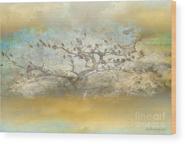 Landscape Wood Print featuring the painting The Birdy Tree by Chris Armytage