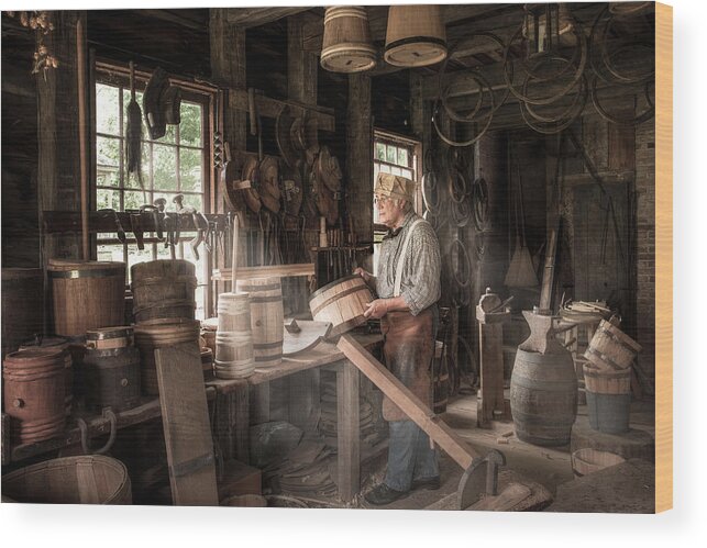 Cooper Wood Print featuring the photograph The Cooper - 19th Century Artisan in his Workshop by Gary Heller