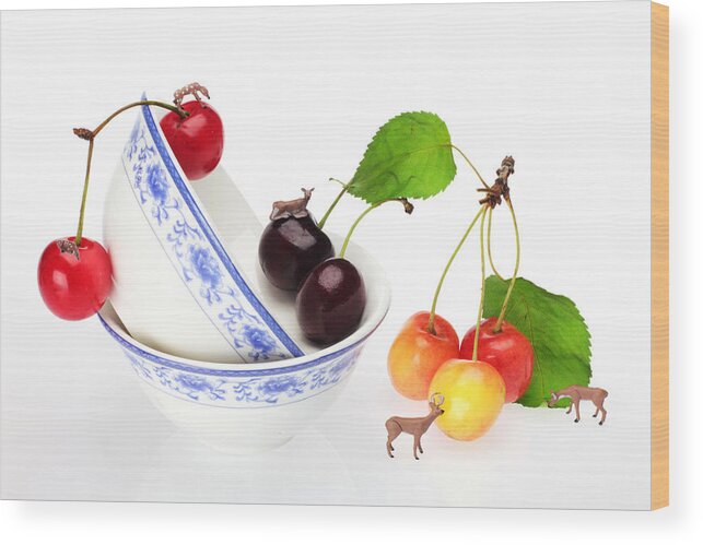 Deer Wood Print featuring the painting The deers among cherries and blue-and-white china miniature art by Paul Ge