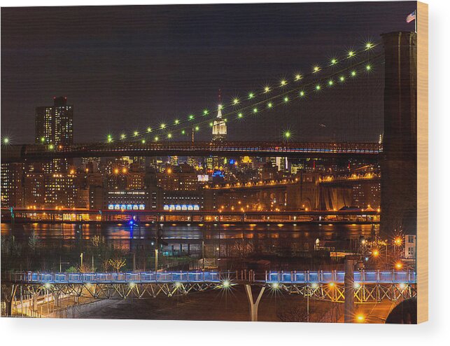 Amazing Brooklyn Bridge Photos Wood Print featuring the photograph The Empire State Building Framed by the Brooklyn Bridge by Mitchell R Grosky