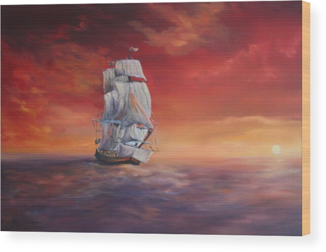 H.m.s Endeavour Wood Print featuring the painting The Endeavour on Calm Seas by Jean Walker