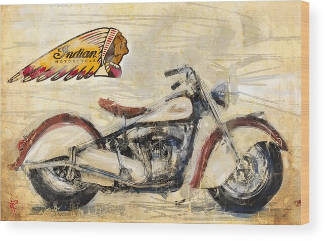 Vintage Indian Motorcycle Wood Print featuring the mixed media The Indian by Russell Pierce