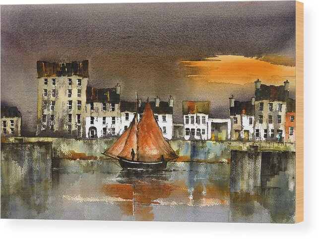 Val Byrne Wood Print featuring the painting The Long Walk Sunset Galway Citie by Val Byrne