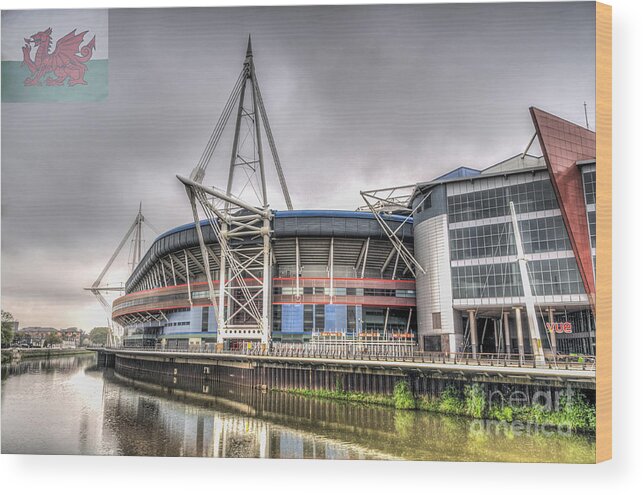 The Millennium Stadium Wood Print featuring the photograph The Millennium Stadium With Flag by Steve Purnell