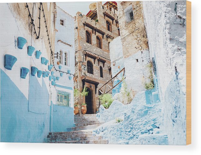 Steps Wood Print featuring the photograph The Moroccan Blue City, Chefchaouen by Oscar Wong