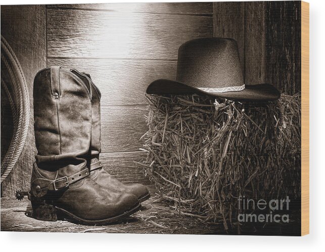 Western Wood Print featuring the photograph The Old Boots by Olivier Le Queinec