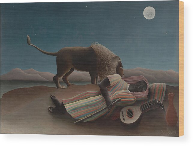Henri Rousseau Wood Print featuring the painting The Sleeping Gypsy by Henri Rousseau