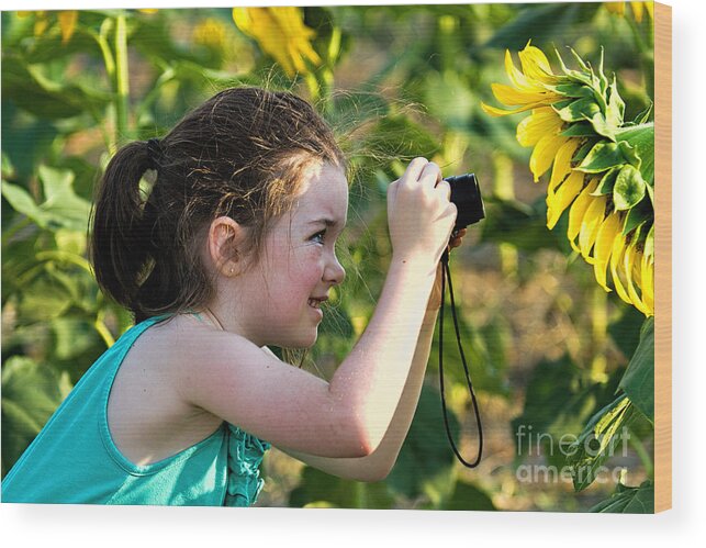 Young Girl In Sunflowers Wood Print featuring the photograph The Sunny Side by Jim Garrison