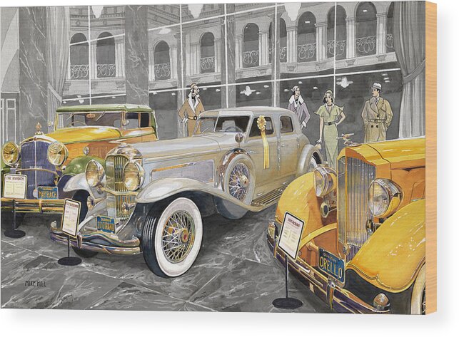 Duesenberg Packard Maybach Zeppelin Twenty Grand Automobile Classic Autos Auto Car Cars Collector Sylmar California Nethercutt Museum Deco Depression Thirties 1930 1931 1932 1933 1934 Orello Yellow Mirrors Marble Ribbon Wood Print featuring the painting The Yellow Ribbon by Mike Hill