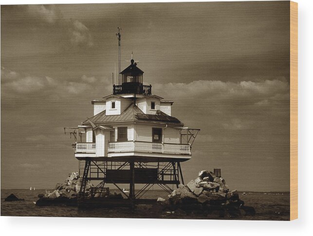 Sepia Wood Print featuring the photograph Thomas Point Shoal Lighthouse Sepia by Skip Willits