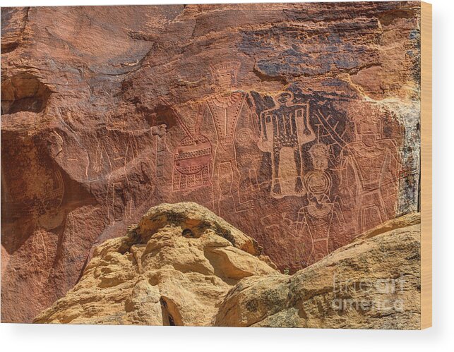 Petroglyph Wood Print featuring the photograph Three Kings Petroglyph - McConkie Ranch - Utah by Gary Whitton