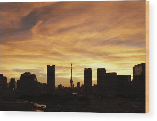 Tokyo Tower Wood Print featuring the photograph Tokyo Tower At Sunset by Keiko Iwabuchi