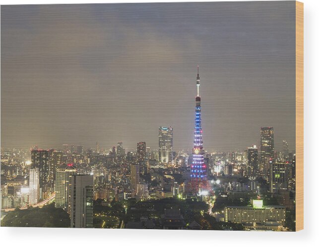 Tokyo Tower Wood Print featuring the photograph Tokyo Tower Doraemon Blue Special Light by Photo By Yasa
