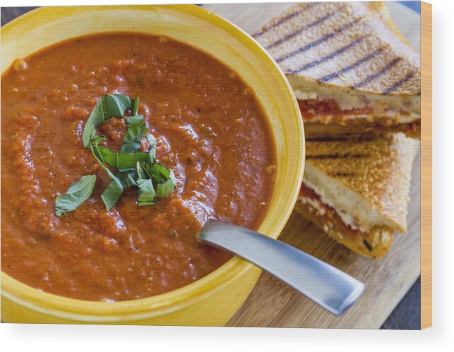 Italian Wood Print featuring the photograph Tomato and Basil Soup with Grilled Cheese Panini by Teri Virbickis