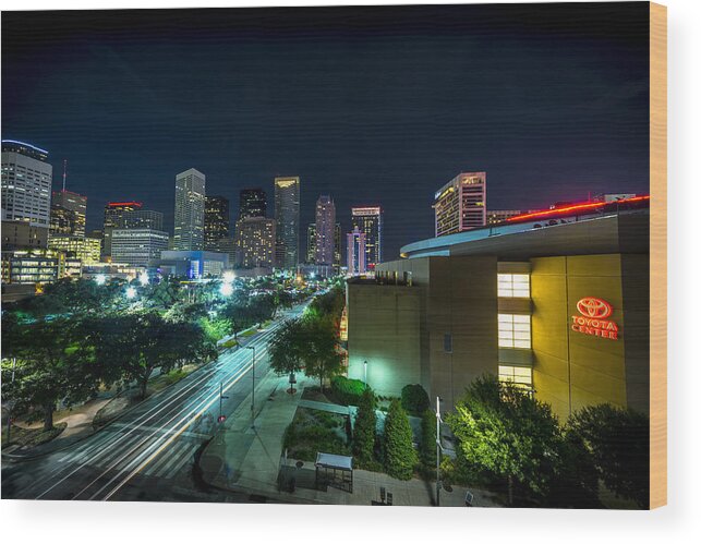 Toyota Center Wood Print featuring the photograph Toyota Center and Downtown Houston by David Morefield