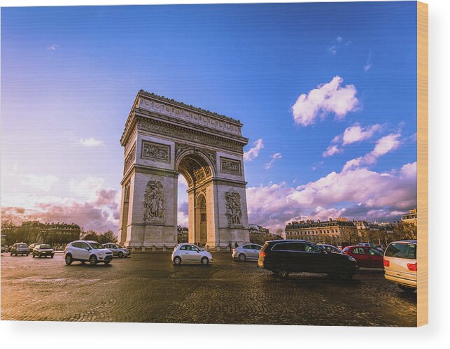 Architectural Feature Wood Print featuring the photograph Traffic At Arc De Triomphe Paris by Deimagine