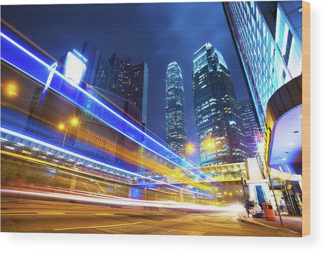 Chinese Culture Wood Print featuring the photograph Traffic In City At Night by Loveguli