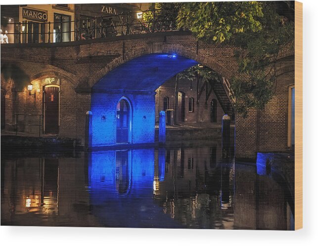 Trajectum Lumen Wood Print featuring the photograph Trajectum Lumen Project. Blue Bridge . Netherlands by Jenny Rainbow