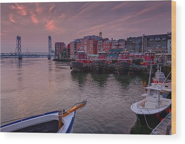 Early Morning Wood Print featuring the photograph Tugboats Portsmouth New Hampshire by Jeff Sinon