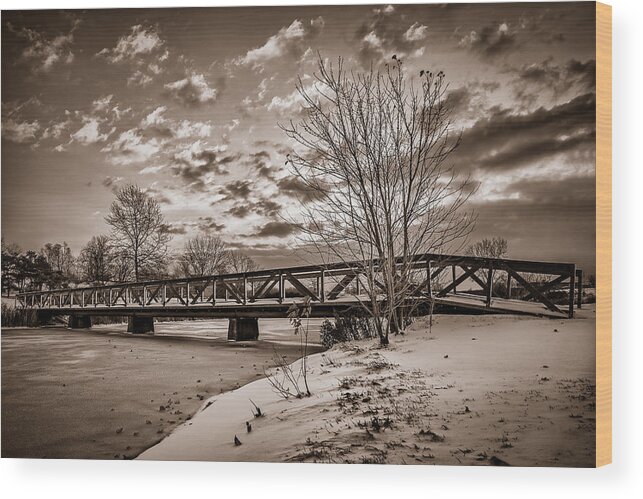 Lake Wood Print featuring the photograph Twilight Bridge over an icy pond - BW by Chris Bordeleau