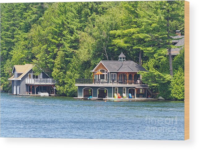 Two Wood Print featuring the photograph Two luxury boathouses by Les Palenik